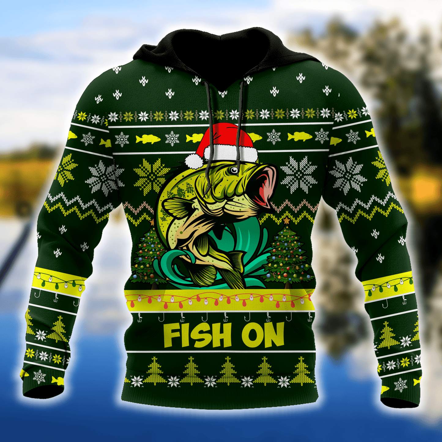 Bass Fishing Fish On Christmas Hat Graphic – 3D Hoodie