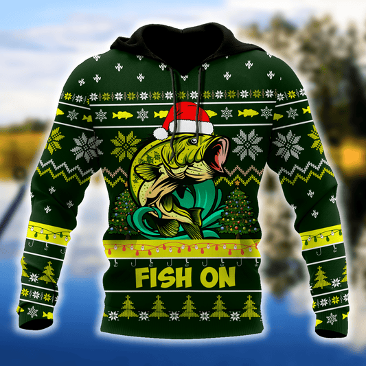 Bass Fishing Fish On Christmas Hat Graphic – 3D Hoodie