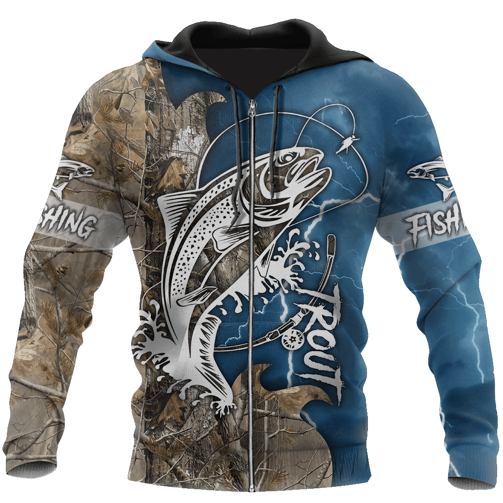 Trout Fishing Tattoo Blue Camo Graphic – 3D Hoodie