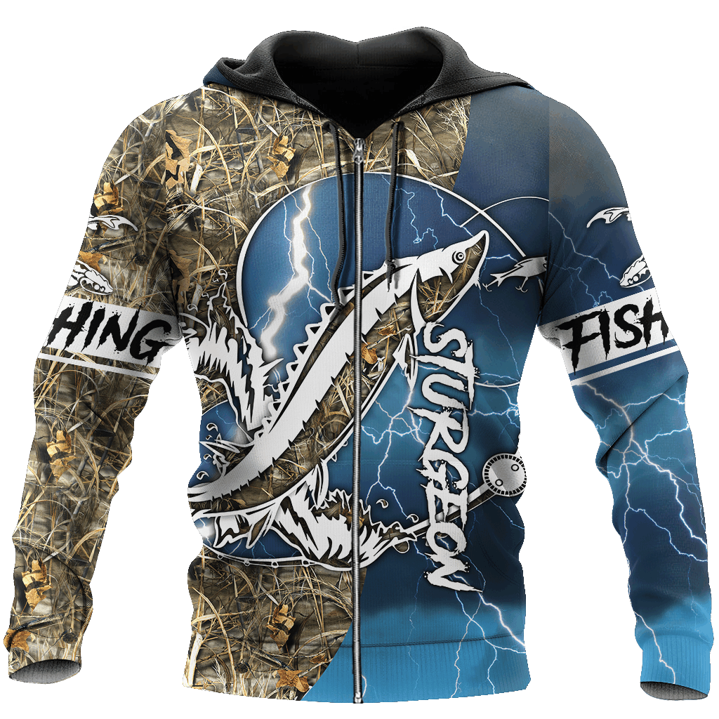 Sturgeon Fishing Blue Sport Camo Graphic – 3D Hoodie
