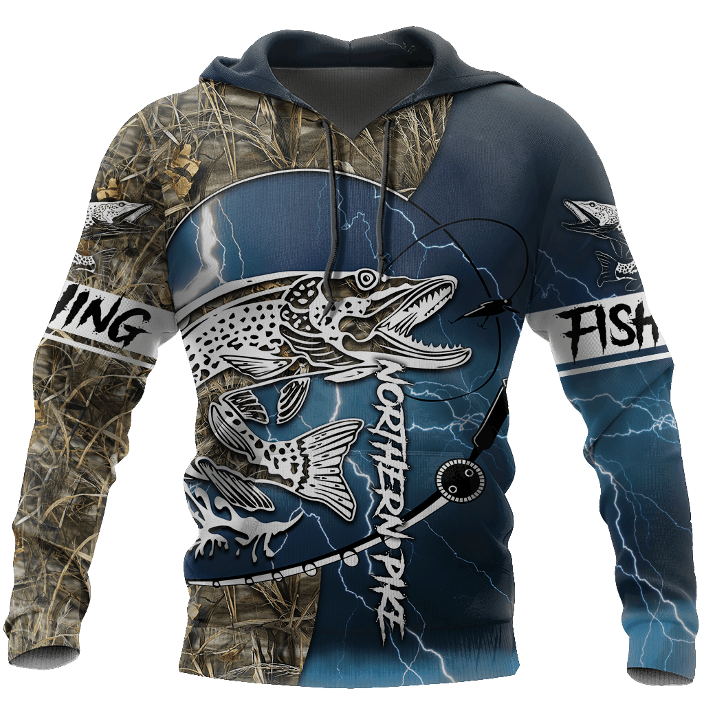 Northern Pike Fishing Blue Camo Graphic – 3D Hoodie