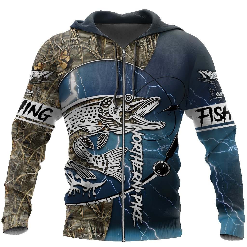 Northern Pike Fishing Blue Camo Graphic – 3D Hoodie