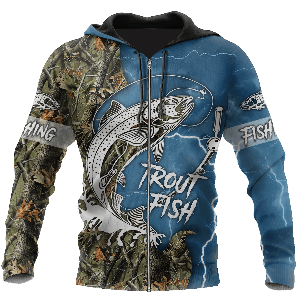 Trout Fishing Blue Tattoo Camo Graphic – 3D Hoodie