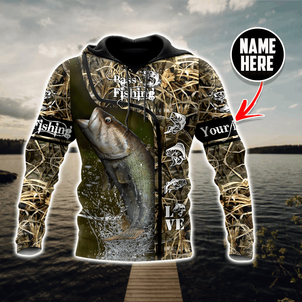Custom Name Bass Fishing Water Camo Graphic – 3D Hoodie