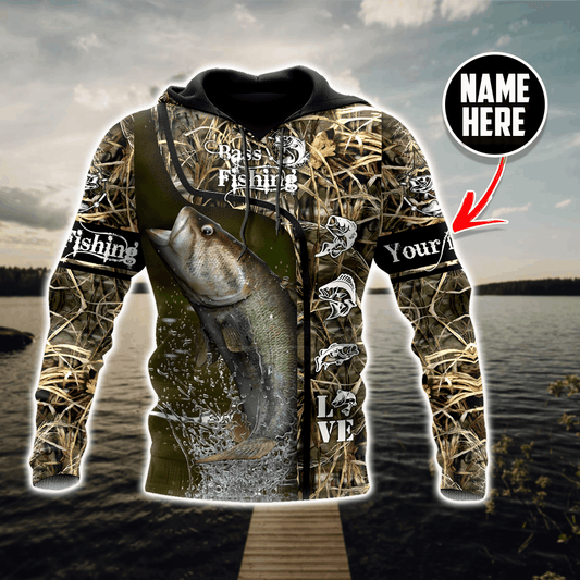 Custom Name Bass Fishing Water Camo Graphic – 3D Hoodie