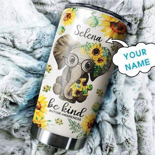 Autism Elephant Sunflower Be Kind Personalized 20 Oz Tumbler