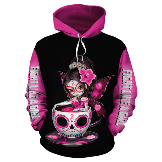 Skull Teacup Breast Cancer Awareness Art – 3D Hoodie