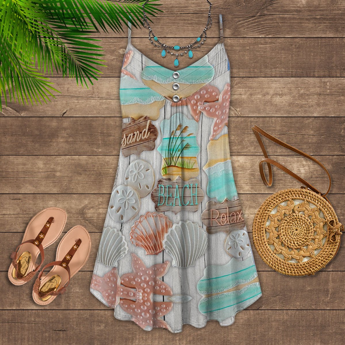 Colorful Seashell Beach – Women's Summer Sleeveless V-Neck Camisole Dress