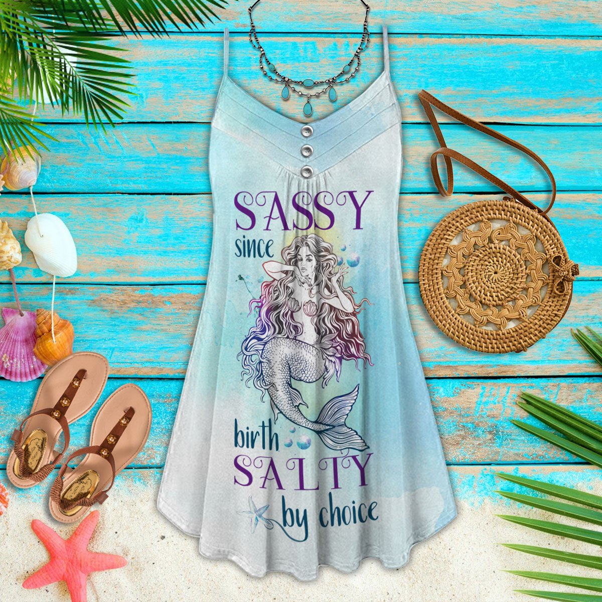 Sassy Salty Mermaid Vibes – Women's Summer Sleeveless V-Neck Camisole Dress