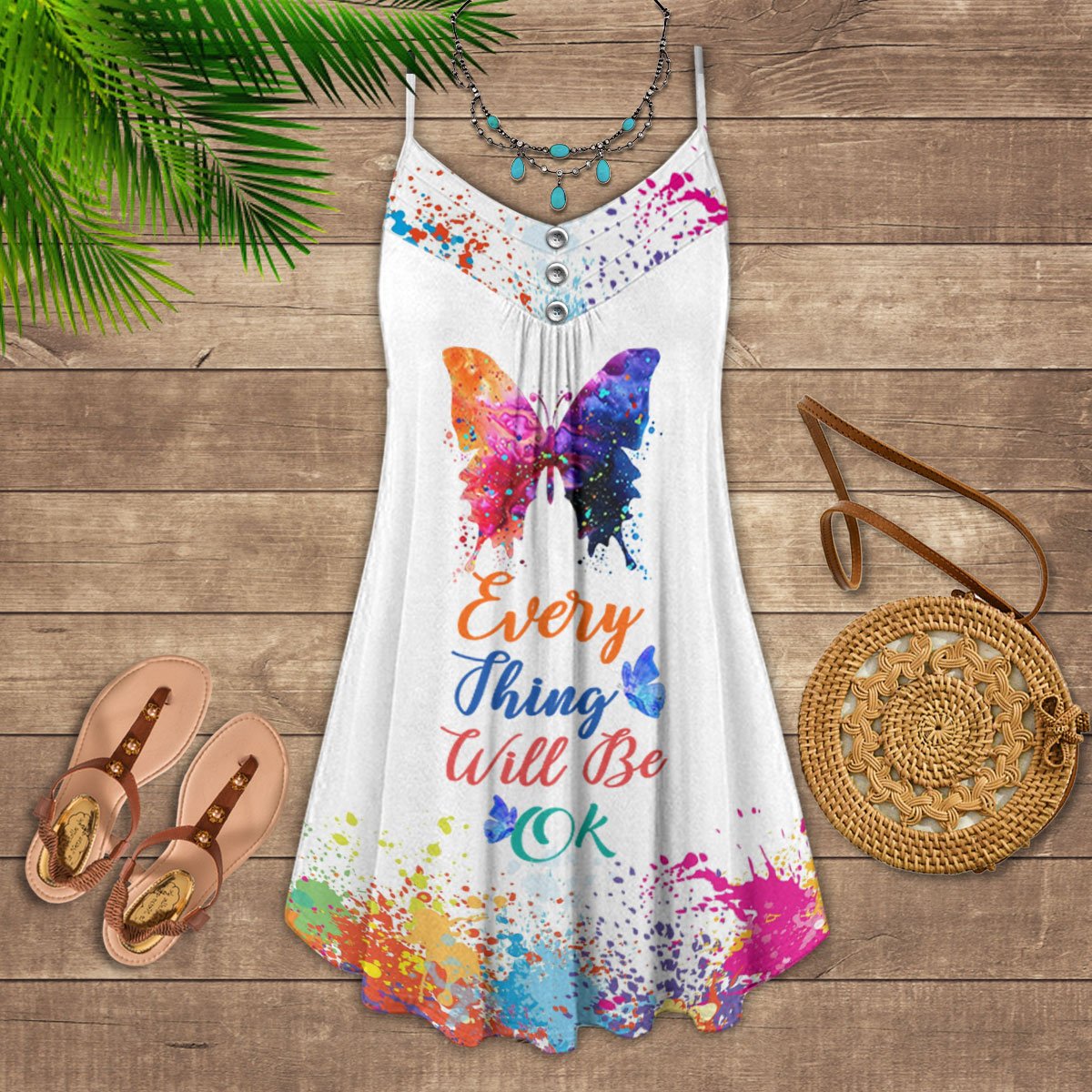 Butterfly Everything Will Be Okay – Women's Summer Sleeveless V-Neck Camisole Dress