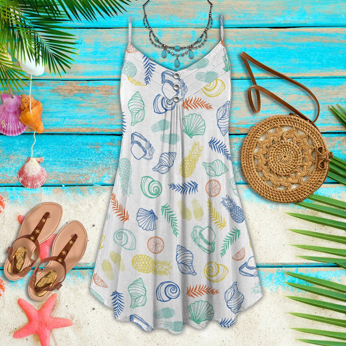 Sea Snail Beach Pattern – Women's Summer Sleeveless V-Neck Camisole Dress