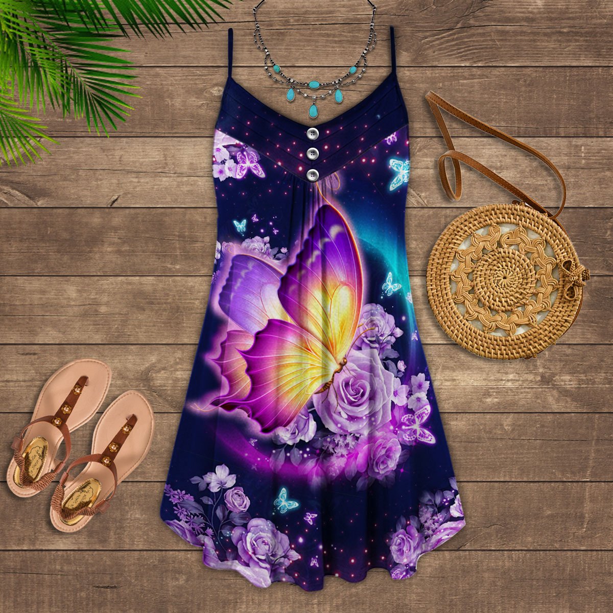 Butterfly Love Flowers – Women's Summer Sleeveless V-Neck Camisole Dress