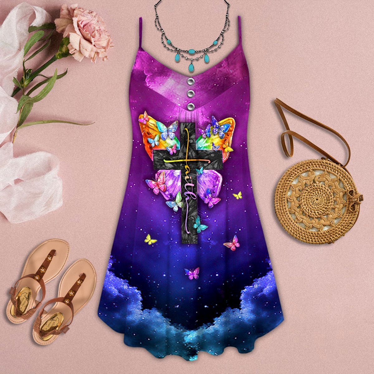 Butterfly Faith Motivation Quote – Women's Summer Sleeveless V-Neck Camisole Dress