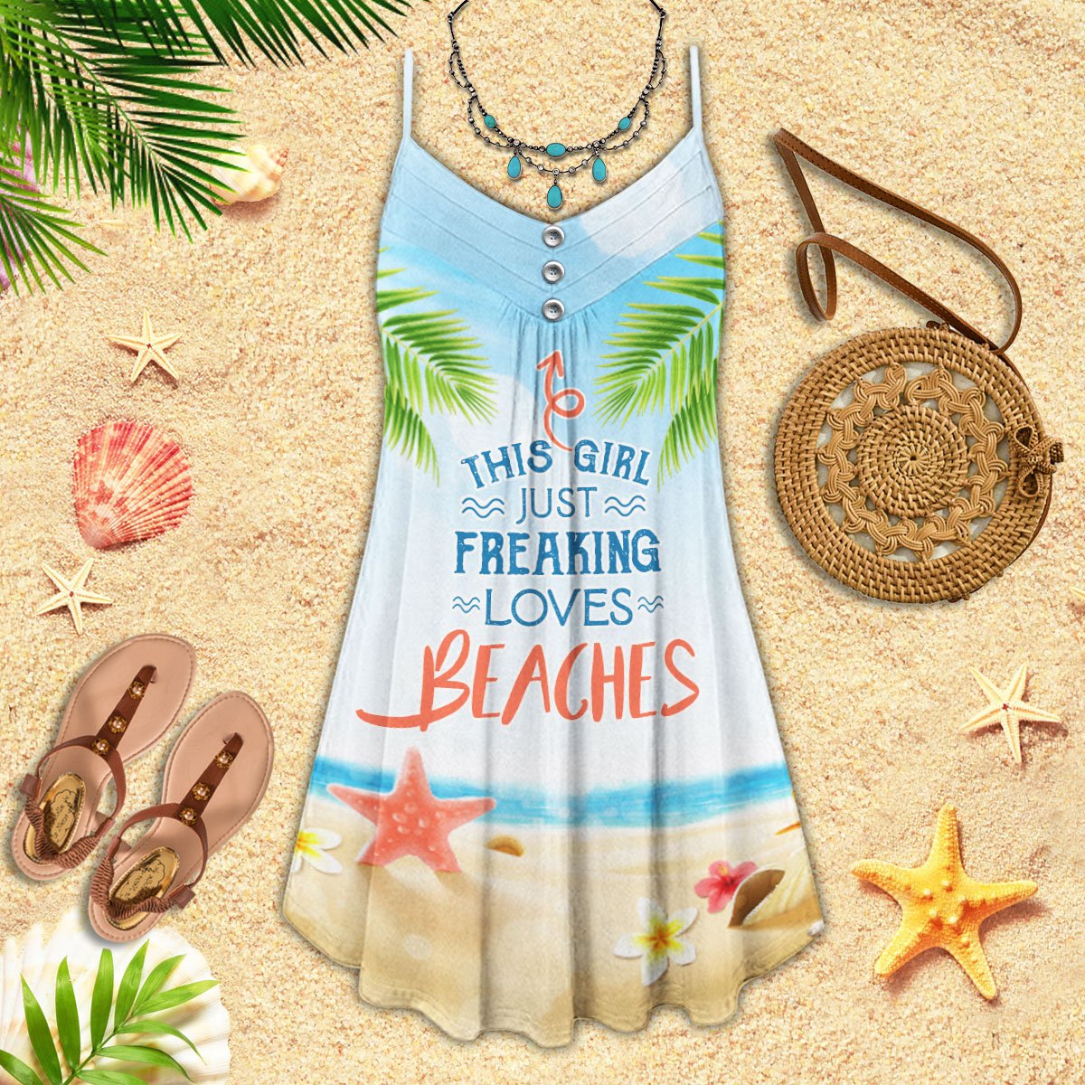 Beach Girl Travel Vibes – Women's Summer Sleeveless V-Neck Camisole Dress