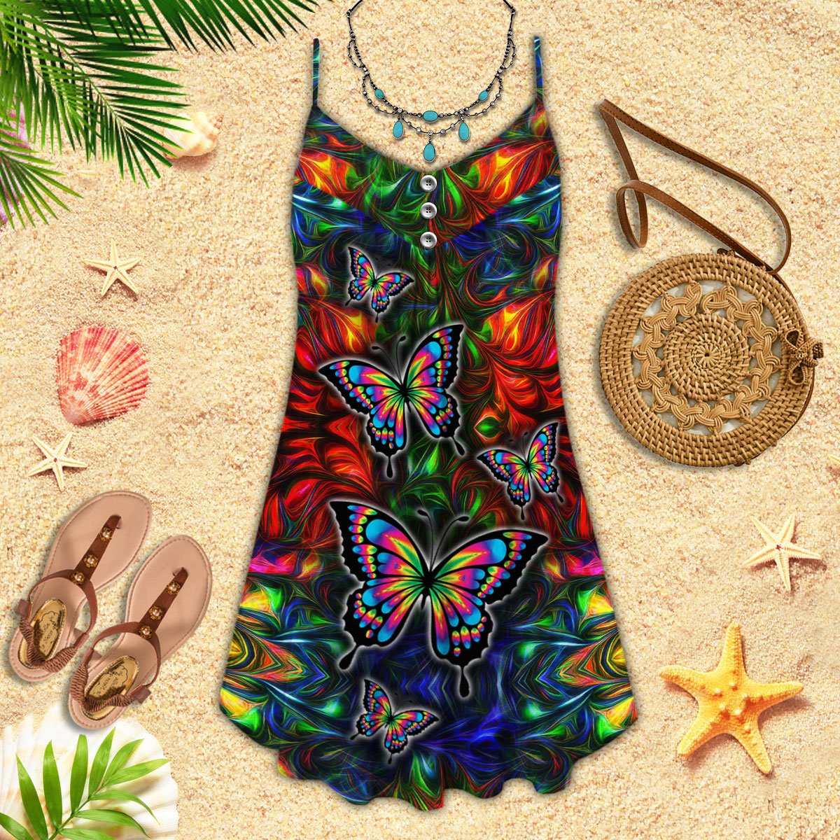Vibrant Butterfly Color Art Limited – Women's Summer Sleeveless V-Neck Camisole Dress