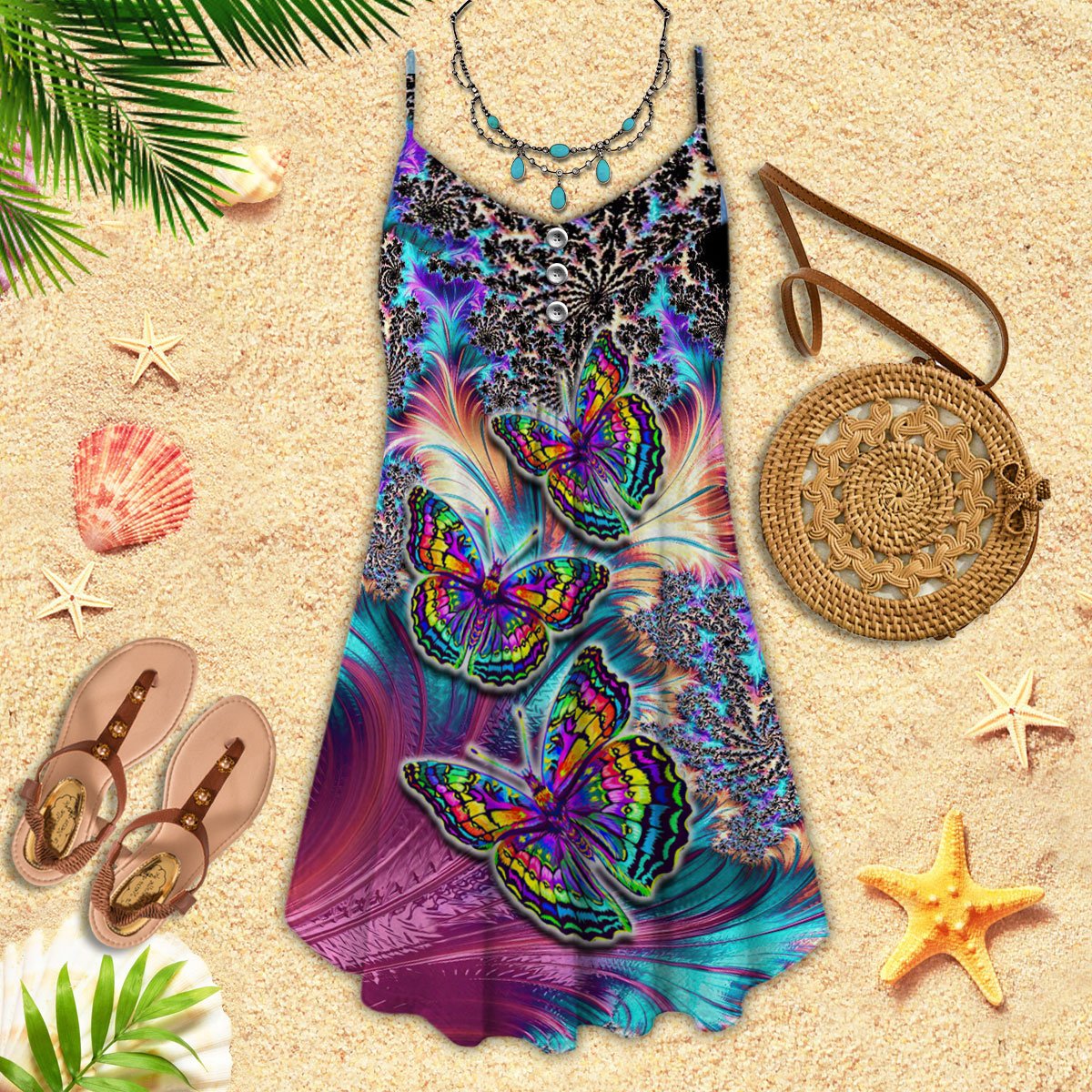 Colorful Butterfly TTZZ1505007Z Spaghetti Strap Summer Dress - Owls Matrix LTD