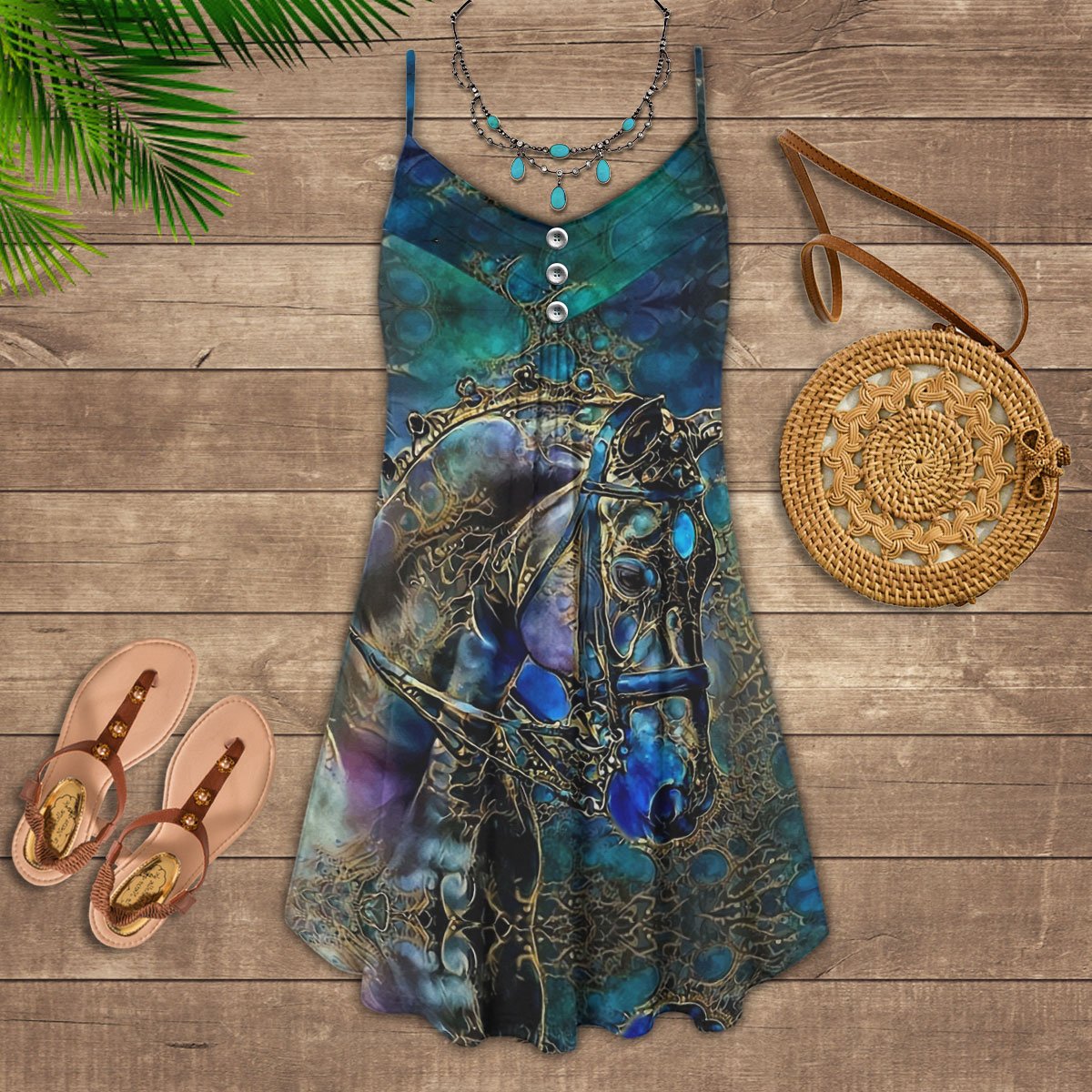 Blue Horse Pattern – Women's Summer Sleeveless V-Neck Camisole Dress