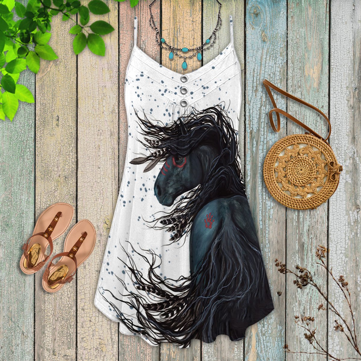 Black Stallion Horse Art – Women's Summer Sleeveless V-Neck Camisole Dress