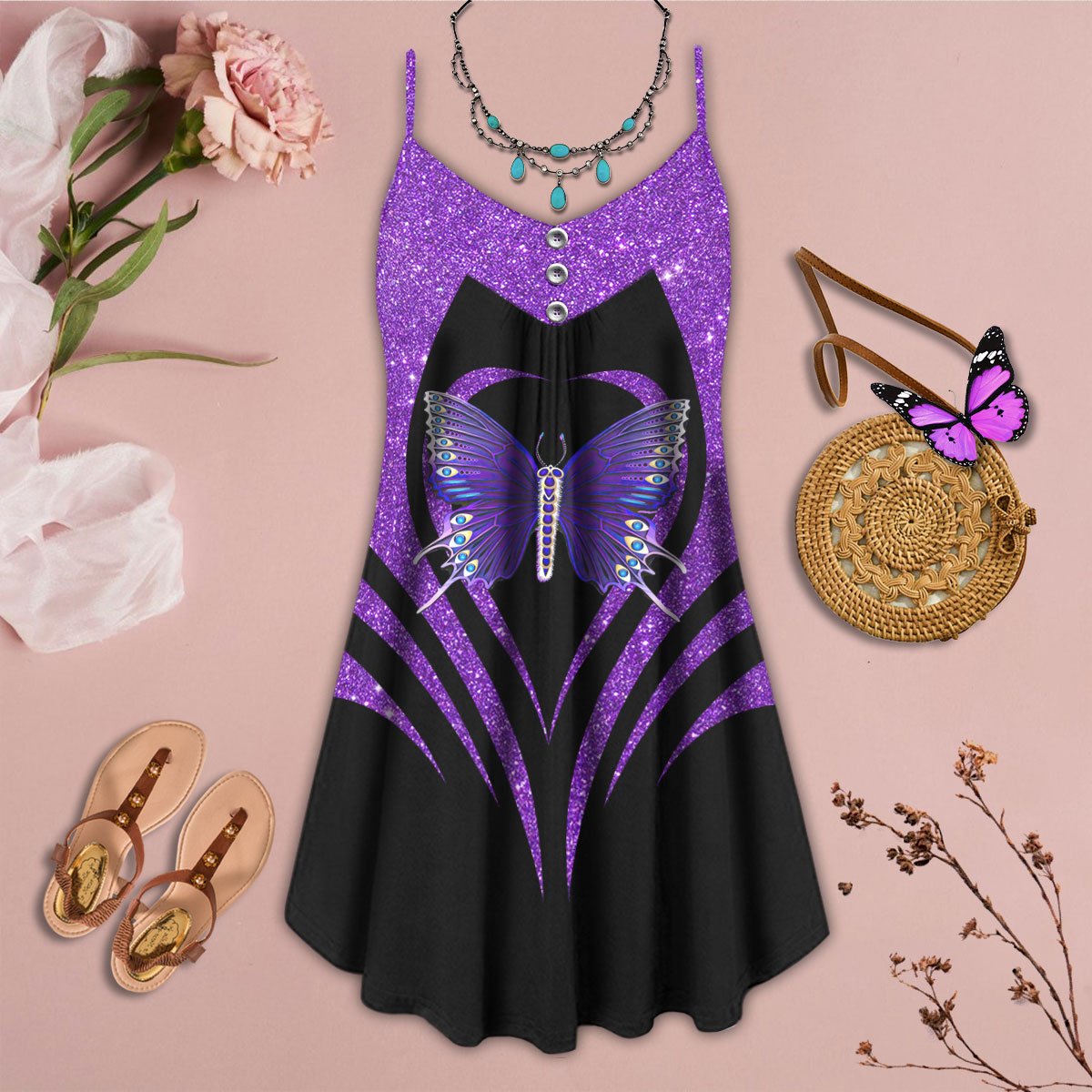 Purple Butterfly In Flight – Women's Summer Sleeveless V-Neck Camisole Dress