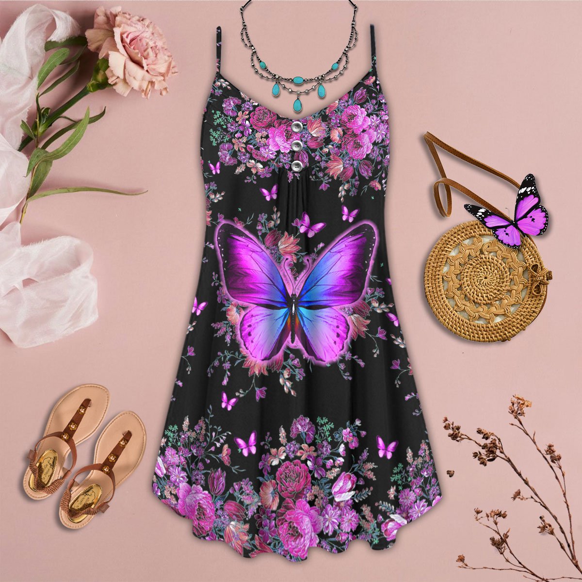 Purple Butterfly Flower Love – Women's Summer Sleeveless V-Neck Camisole Dress