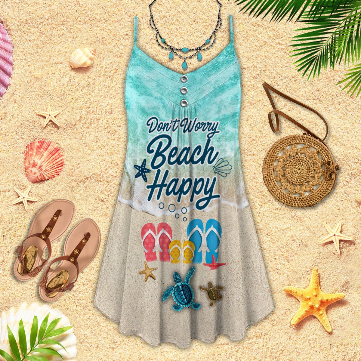 Beach Happy Dont Worry – Women's Summer Sleeveless V-Neck Camisole Dress