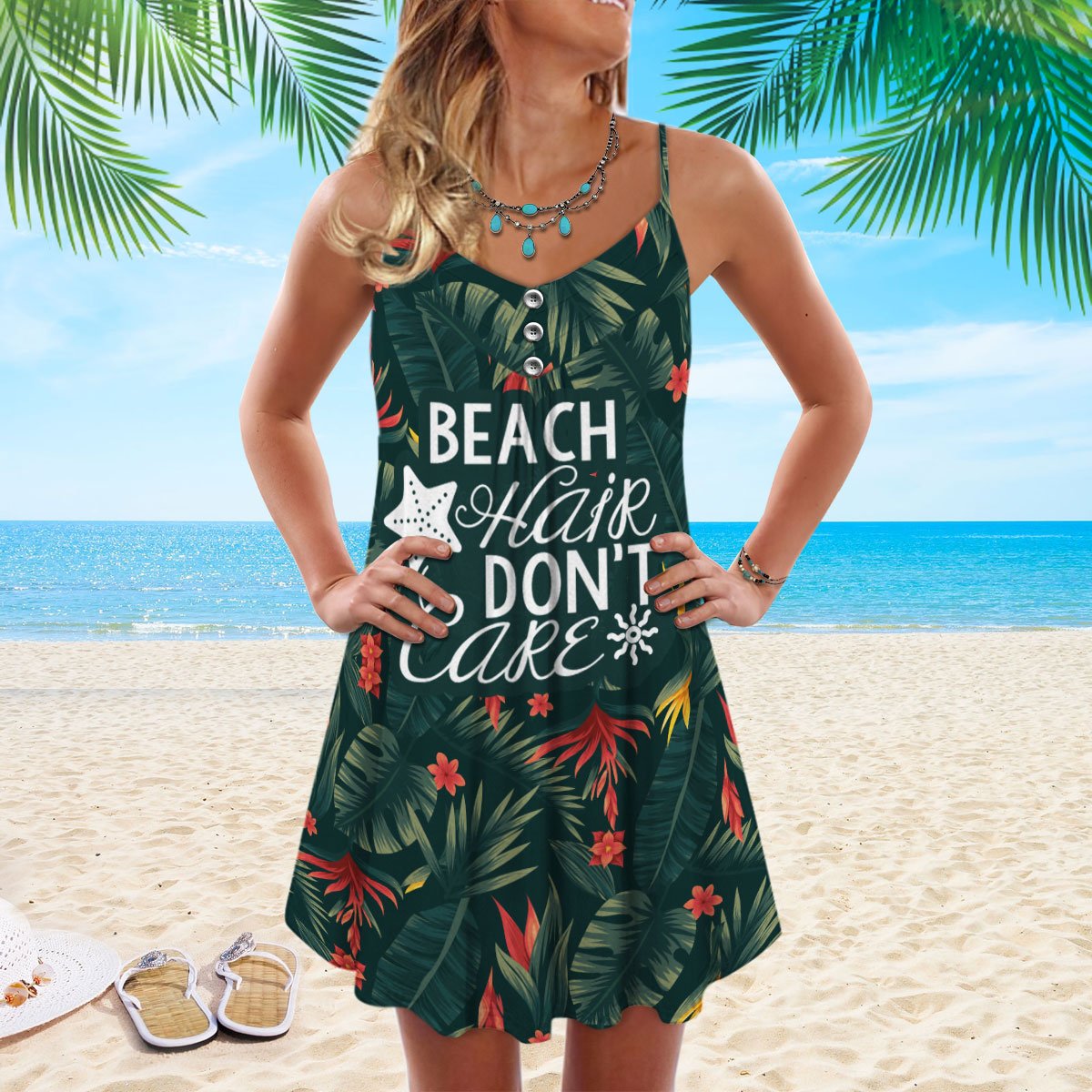 Beach Hair Dont Care – Women's Summer Sleeveless V-Neck Camisole Dress