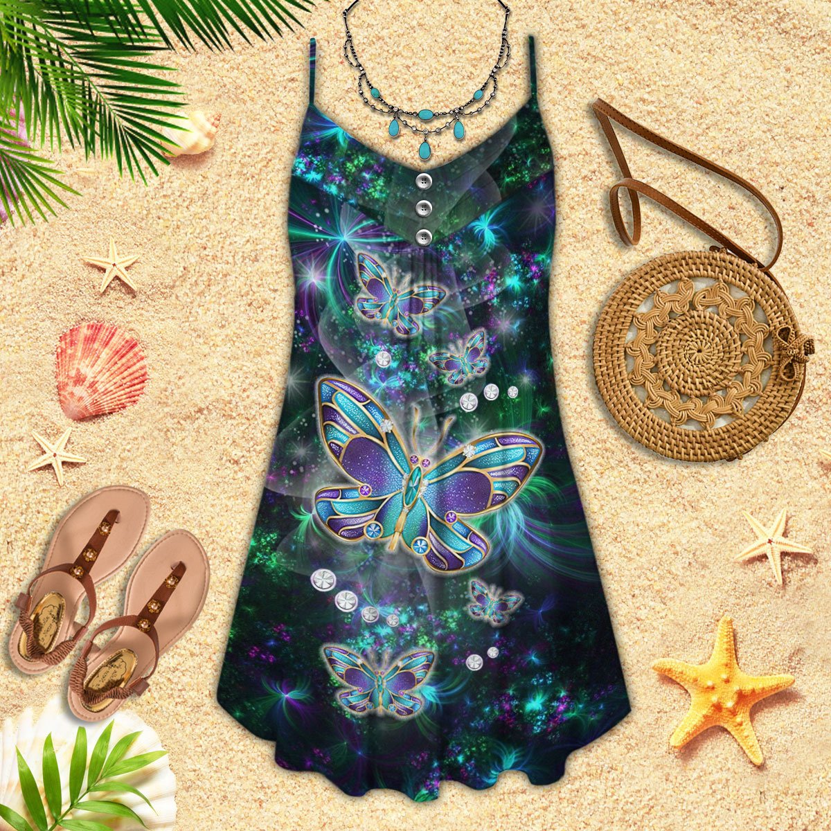 Purple Butterfly Night Play – Women's Summer Sleeveless V-Neck Camisole Dress