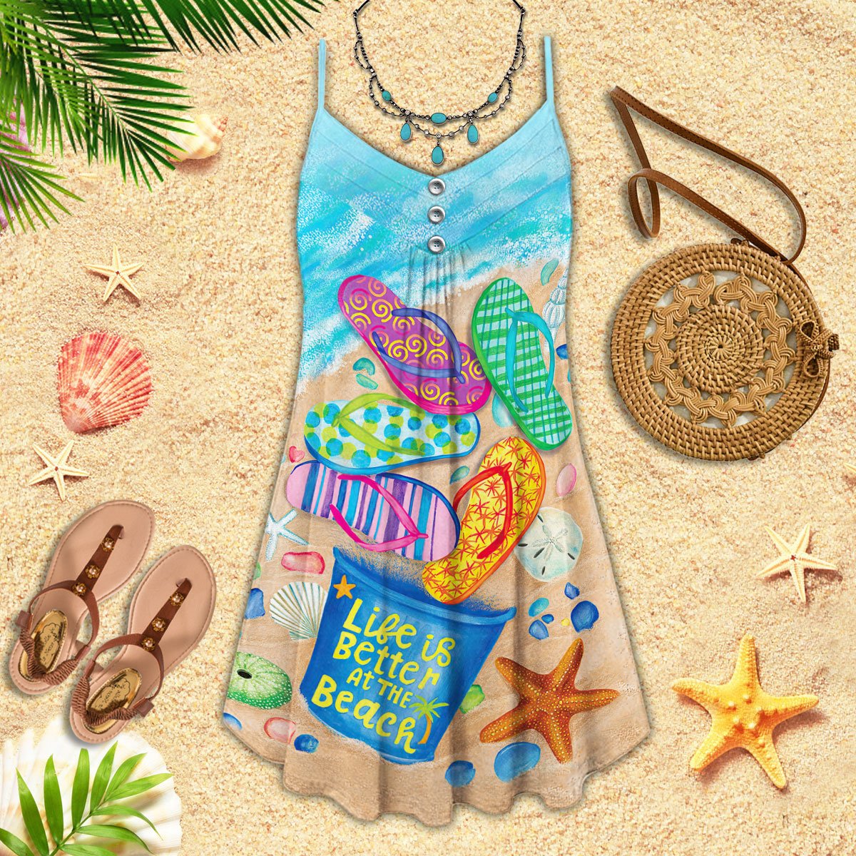 Beach Life With Flip Flops – Women's Summer Sleeveless V-Neck Camisole Dress
