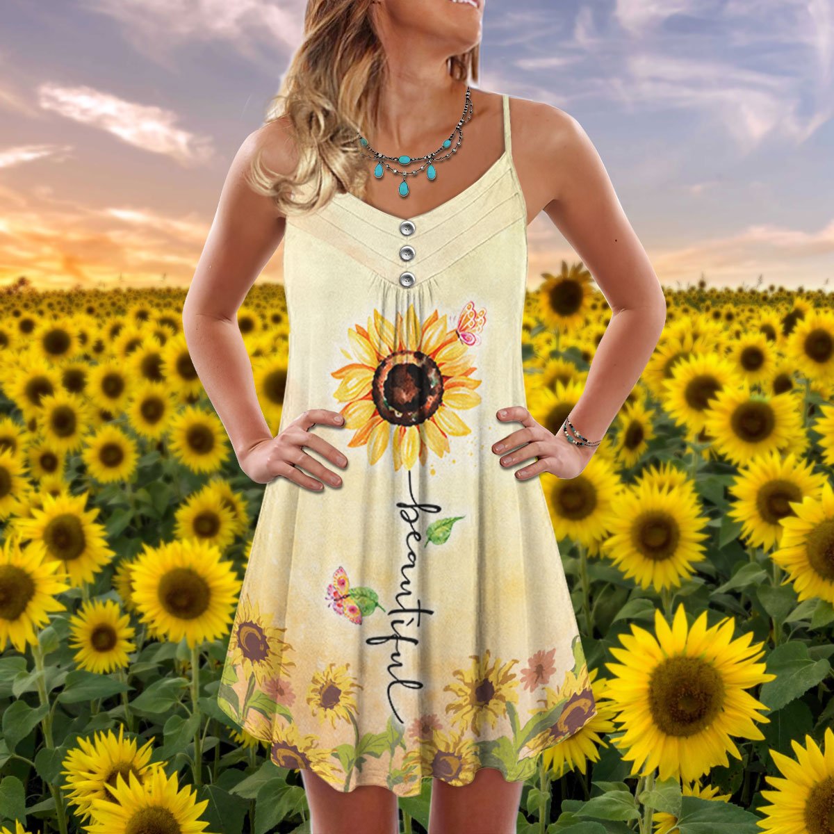 Stunning Sunflower Bloom – Women's Summer Sleeveless V-Neck Camisole Dress