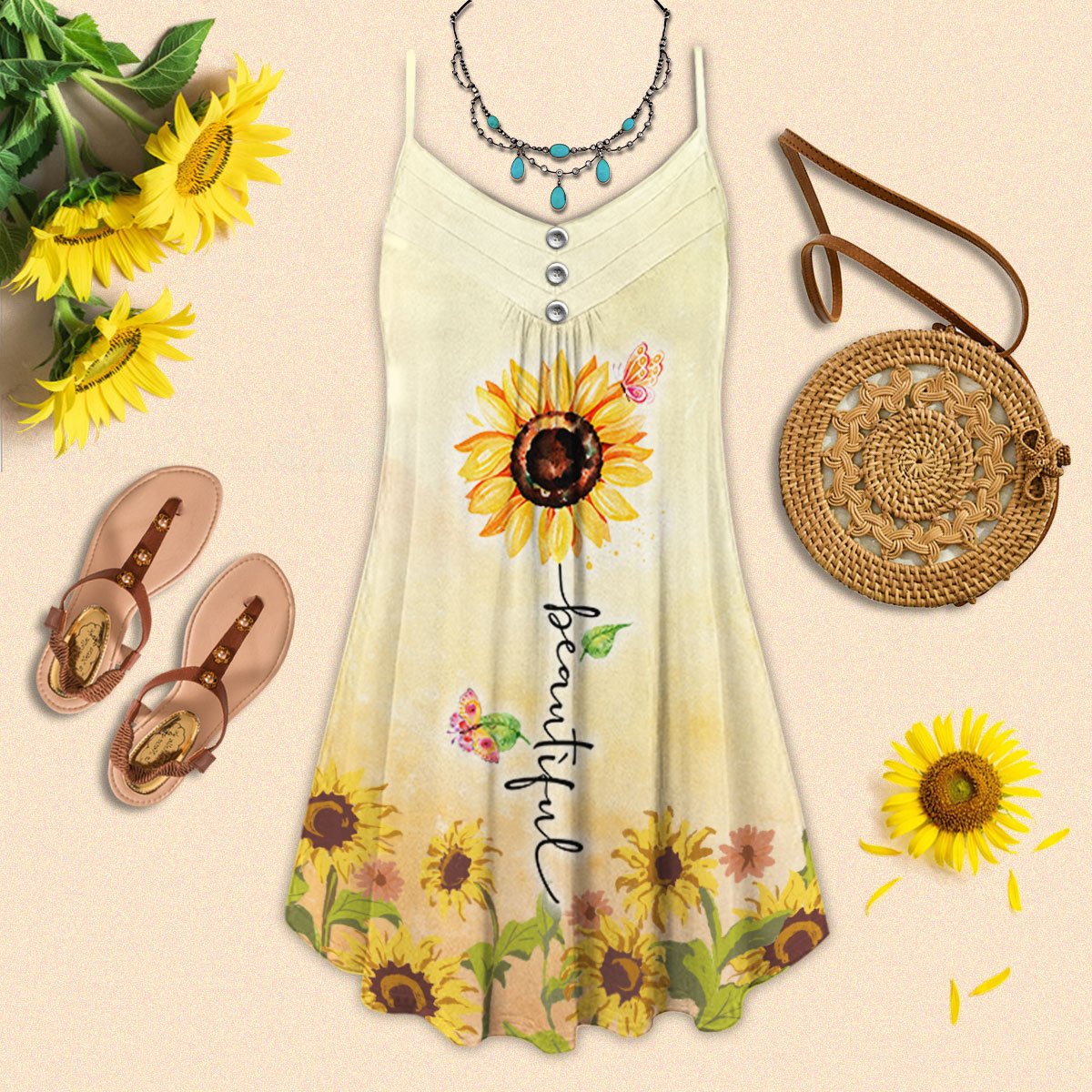 Stunning Sunflower Bloom – Women's Summer Sleeveless V-Neck Camisole Dress