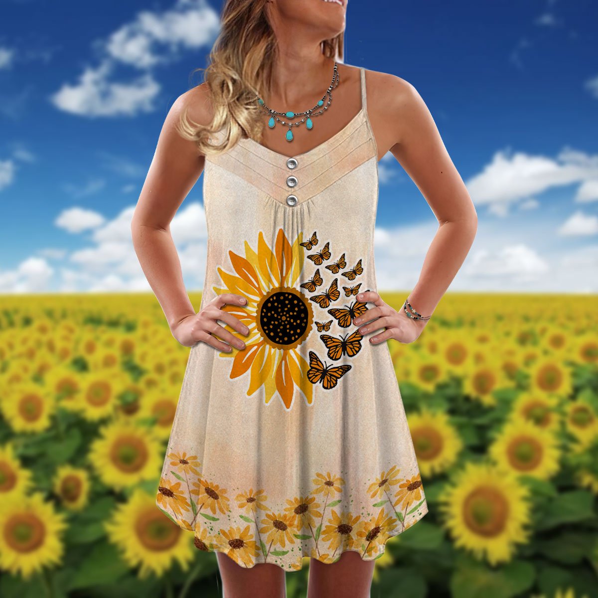 Butterfly Sunflower Summer Love – Women's Summer Sleeveless V-Neck Camisole Dress