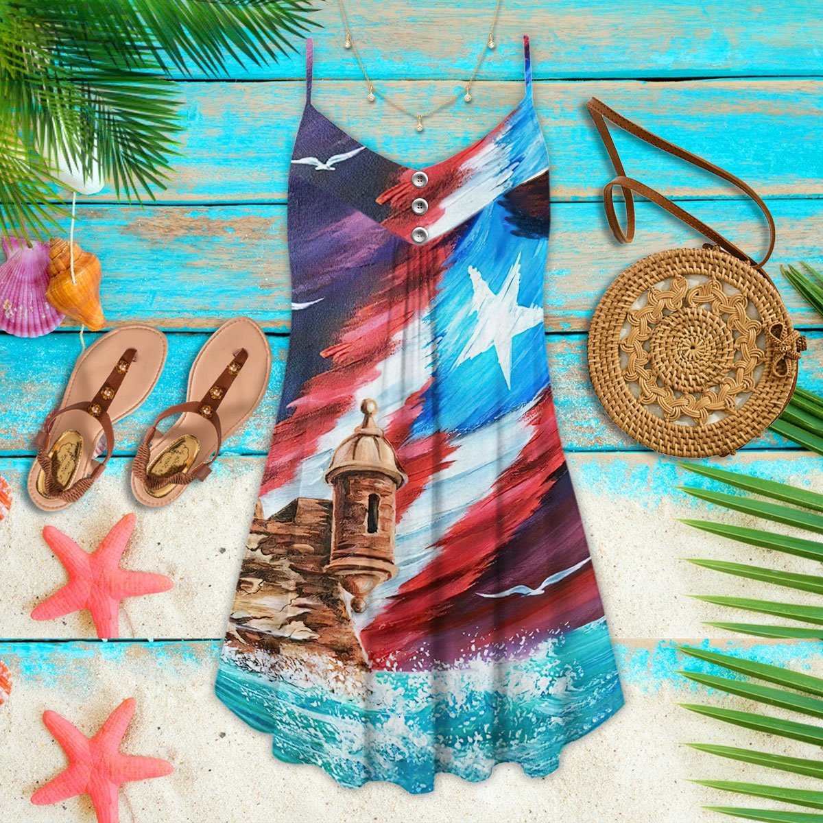 Puerto Rico Flag Beach – Women's Summer Sleeveless V-Neck Camisole Dress