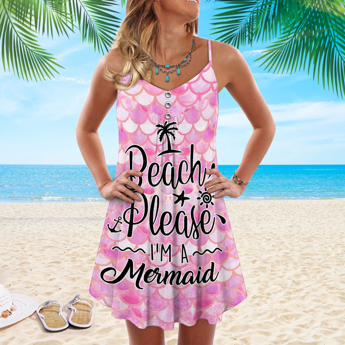 Mermaid Beach Mood Limited – Women's Summer Sleeveless V-Neck Camisole Dress