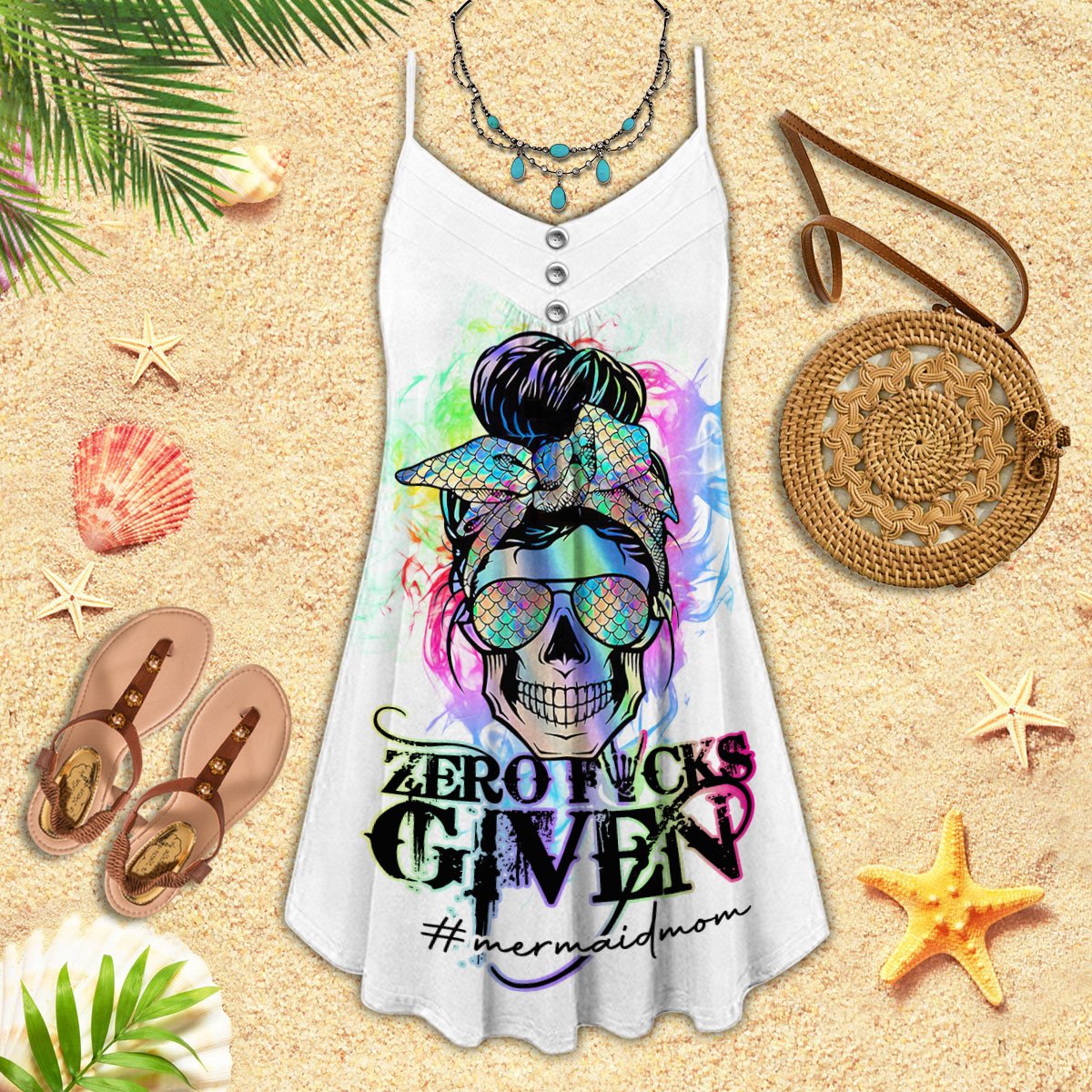 Mermaid Skull Mom Life – Women's Summer Sleeveless V-Neck Camisole Dress