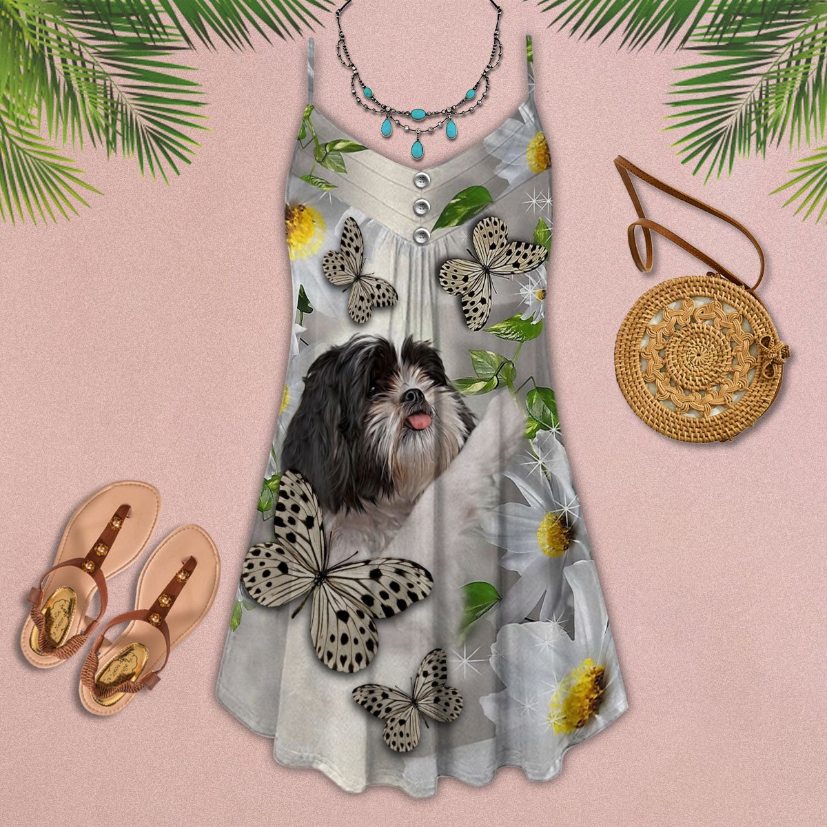 Daisy Butterfly Shih Tzu – Women's Summer Sleeveless V-Neck Camisole Dress