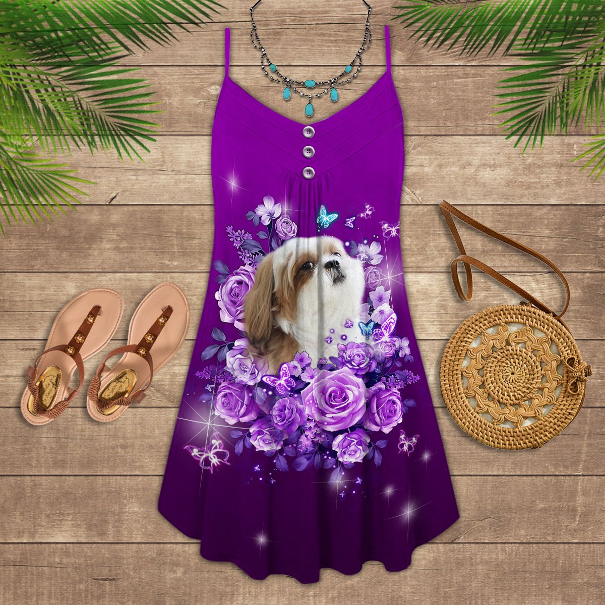Purple Rose Butterfly Shih Tzu Limited – Women's Summer Sleeveless V-Neck Camisole Dress
