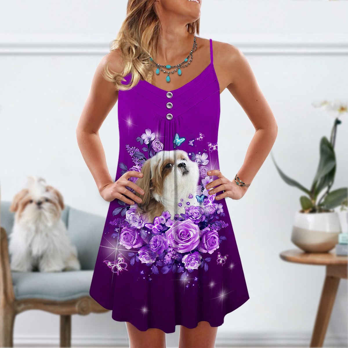 Shih Tzu Purple Rose Butterfly – Women's Summer Sleeveless V-Neck Camisole Dress