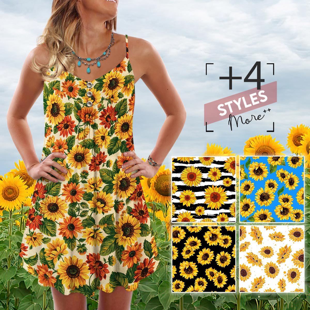 Sunflower Pattern Full Color Limited – Women's Summer Sleeveless V-Neck Camisole Dress