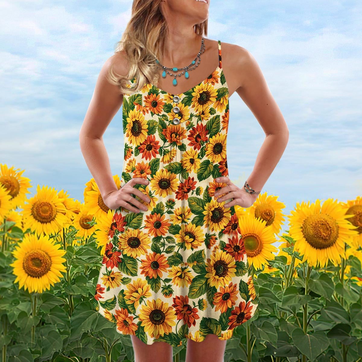 Sunflower Pattern Full Color Limited – Women's Summer Sleeveless V-Neck Camisole Dress