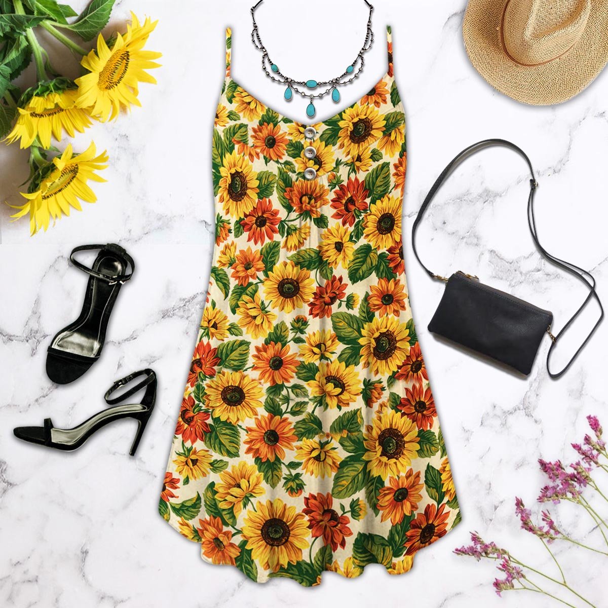 Sunflower Pattern Full Color Limited – Women's Summer Sleeveless V-Neck Camisole Dress