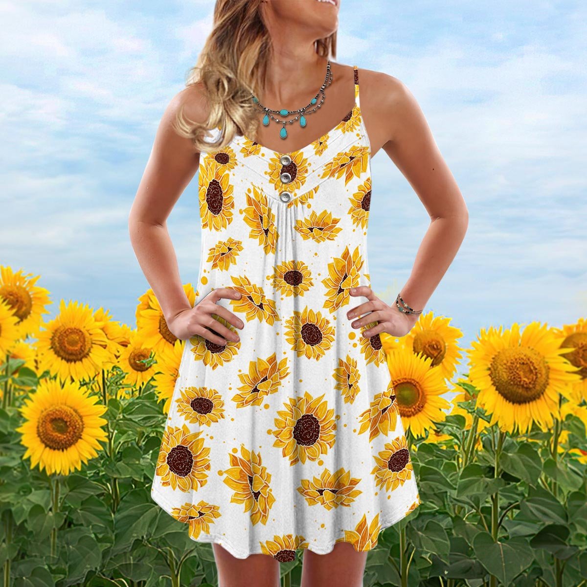 Sunflower Pattern Limited – Women's Summer Sleeveless V-Neck Camisole Dress