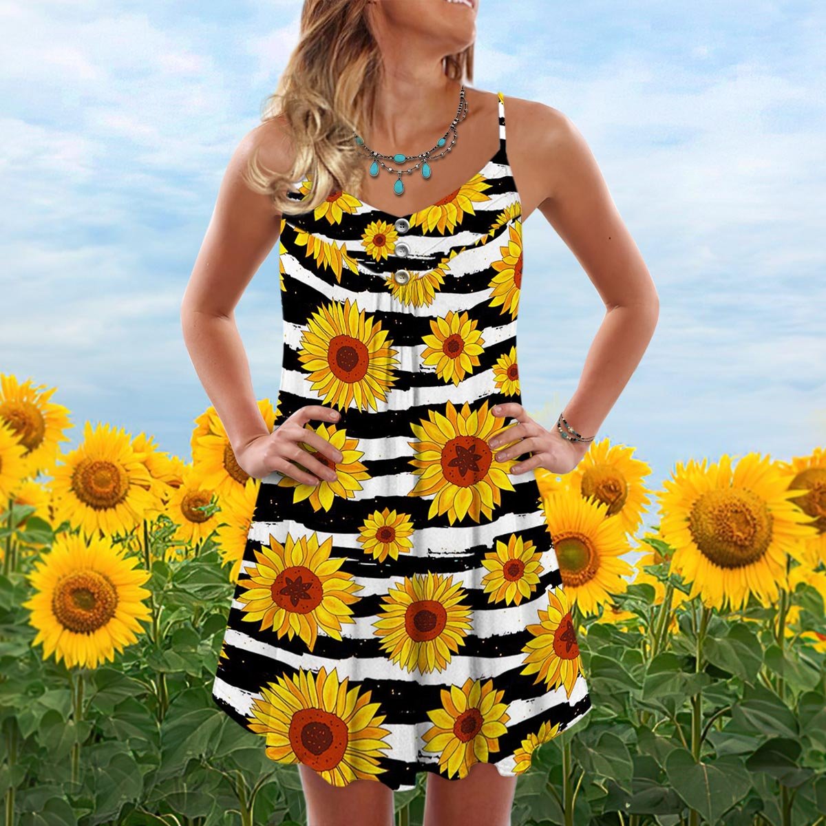 Sunflower Pattern Bright Limited – Women's Summer Sleeveless V-Neck Camisole Dress