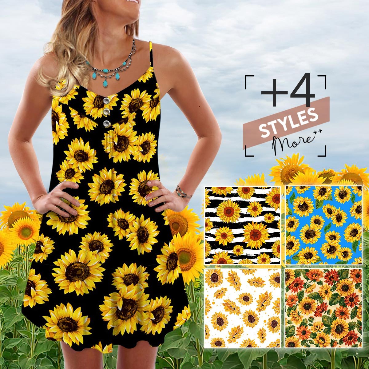 Sunflower Pattern Summer Bloom – Women's Summer Sleeveless V-Neck Camisole Dress