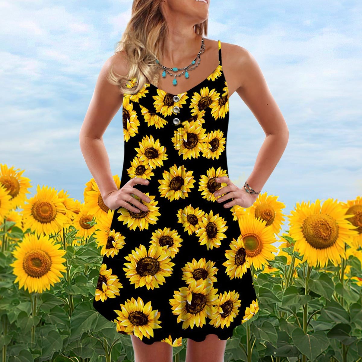 Sunflower Pattern Limited – Women's Summer Sleeveless V-Neck Camisole Dress