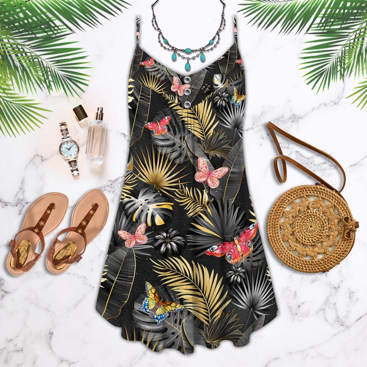 Butterfly Tropical Pattern Spaghetti Strap Dress – Women's Summer Sleeveless V-Neck Camisole Dress