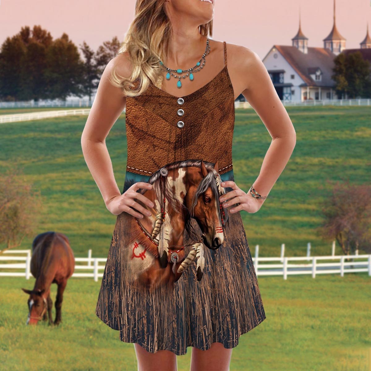 Cool Leather Horse Style – Women's Summer Sleeveless V-Neck Camisole Dress