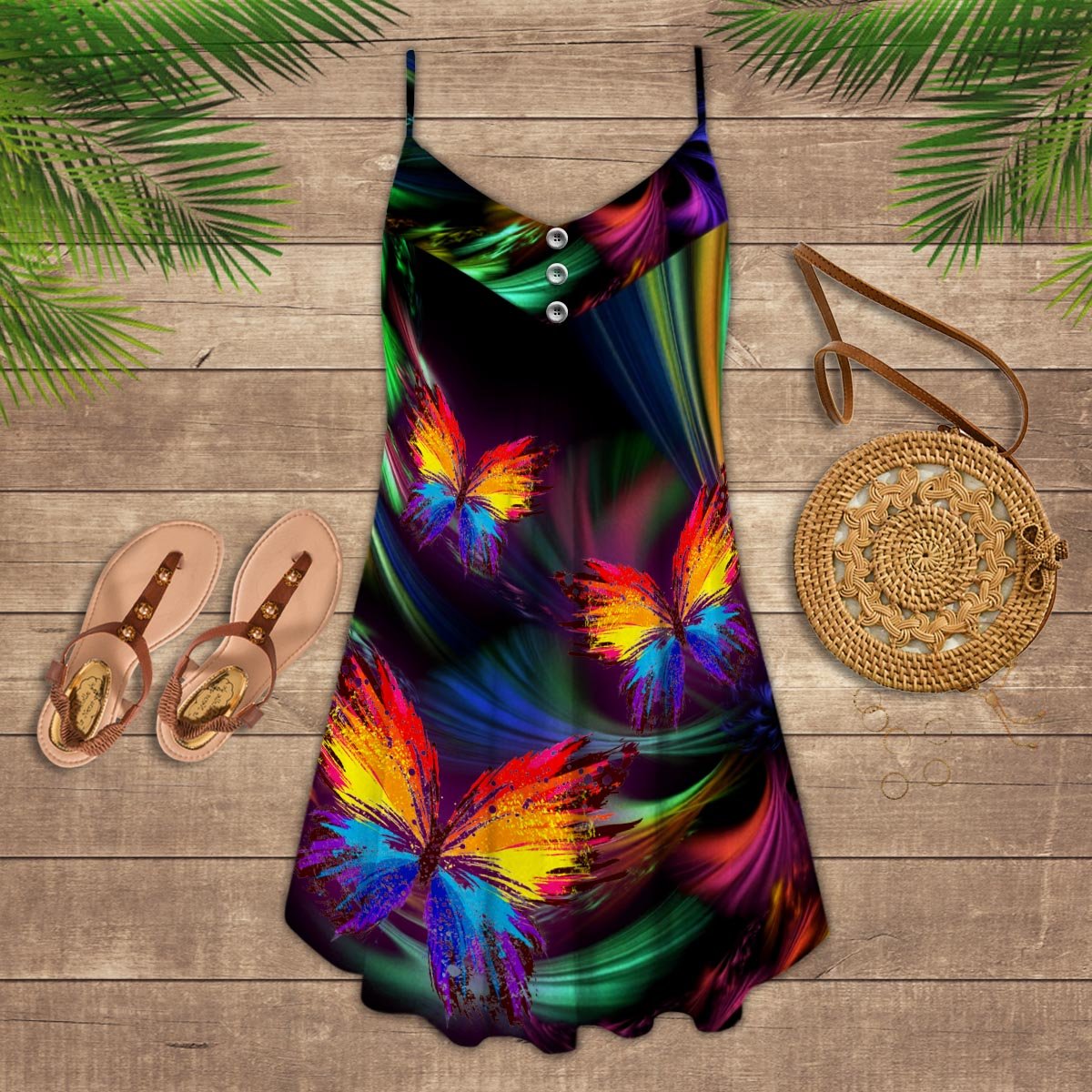 Colorful Butterfly Life – Women's Summer Sleeveless V-Neck Camisole Dress