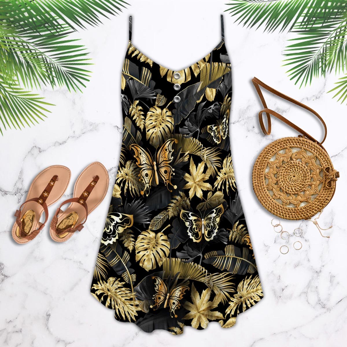 Tropical Butterfly Pattern – Women's Summer Sleeveless V-Neck Camisole Dress