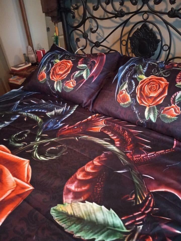 Dragon Red Rose Bedding Cover For Fantasy Bedroom Decor
