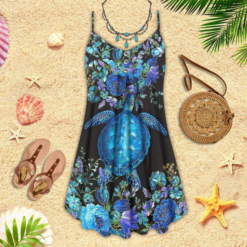 Turtle Flower Love – Women's Summer Sleeveless V-Neck Camisole Dress